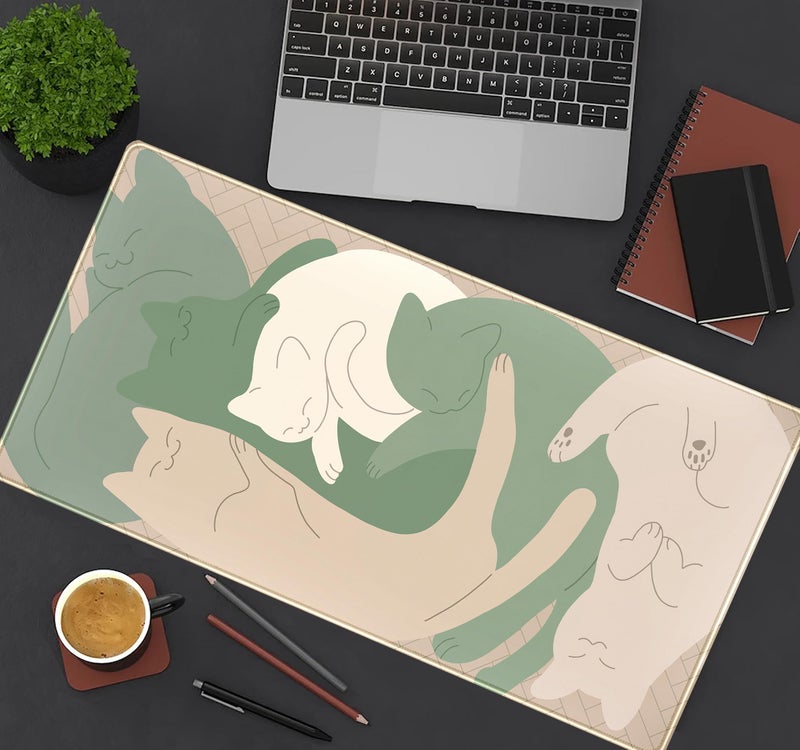 Mechanical Cattle Cute Sleeping Cats Desk Mat Matcha Green Desk Pad  Minimalist Boho Mouse Pad XXL  Cream Tan Gaming Deskmat  Large Kawaii Keyboard Mat  Fun Office Decor Desk Accessories for Women 31.5""x15.75"" - Image 4